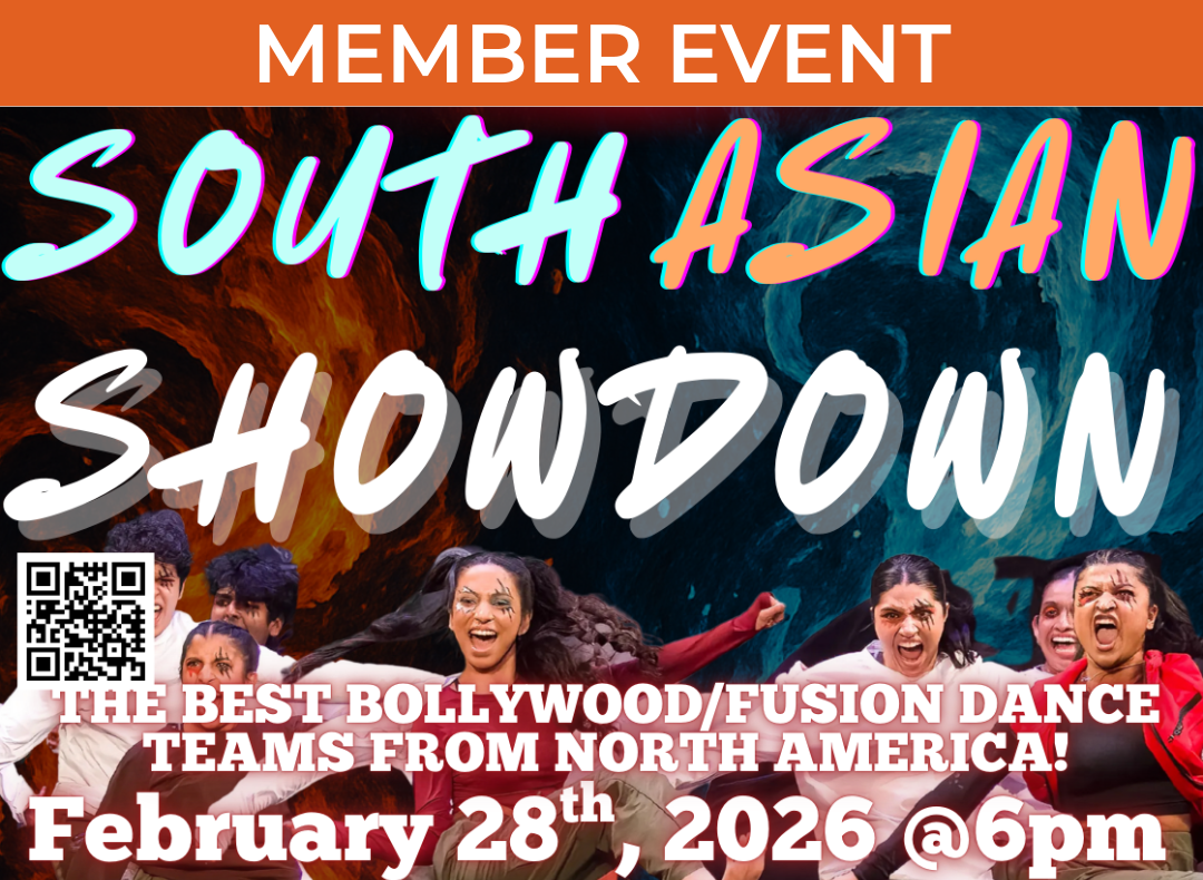 A poster showing a group of dancers in colorful costumes performing energetic movements. The background features fire and water imagery. Text above and below the image announces details for a South Asian dance event.