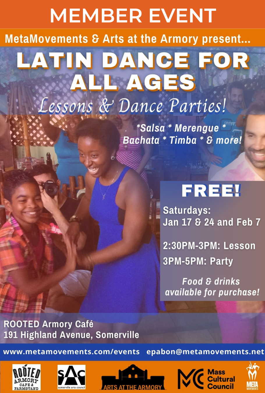 Woman smiling dancing with a young child at a dance gathering. The text describes the location, what to expect and that it's free. It also includes logos of MetaMovements, Arts at the Armory, Mass Cultural Council and Somerville Arts Council.