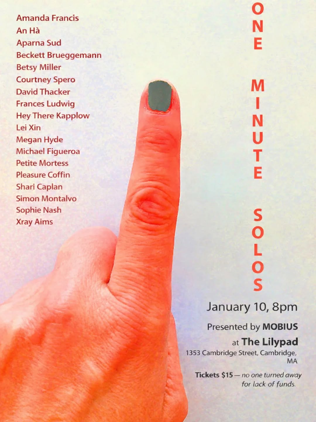 A poster for “One Minute Solos” shows a close-up of a hand pointing upward with a teal-painted fingernail against a pale background. Performer names are listed on the left, and event details on the right