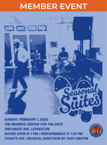 A blue silhouette of a tap dancer performing in front of a jazz trio, featuring the Seasonal Suites logo and relevant information about the performance.