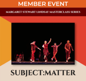 Poster for performance with image of four dancers performing a tap piece on stage. Their arms are moving freely and they are dressed in all red against a dark background.