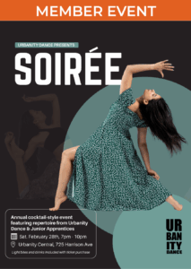 Soirée flyer with image of dancer in a deep lunge backbend, arms stretched above, wearing a blue and black floral sun dress