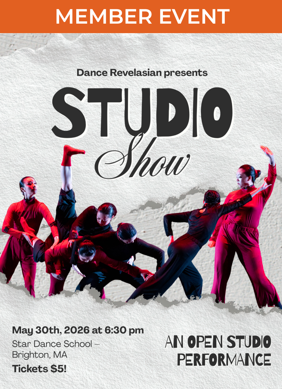 A young man, who's named Roberto in this production, is wearing a hat, a white shirt, a green handkerchief around his neck and khaki pants while smiling and posing in a rumba dancing position. In the image are also transparent images of his students dancing and playing instruments (or performing).