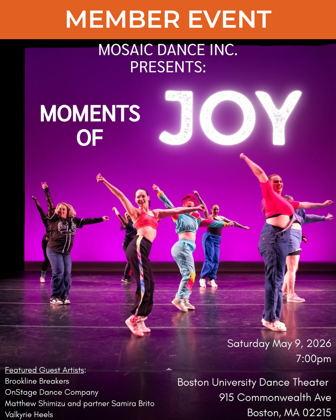 Purple background with several dancers in multi-colored 90's style outfits.