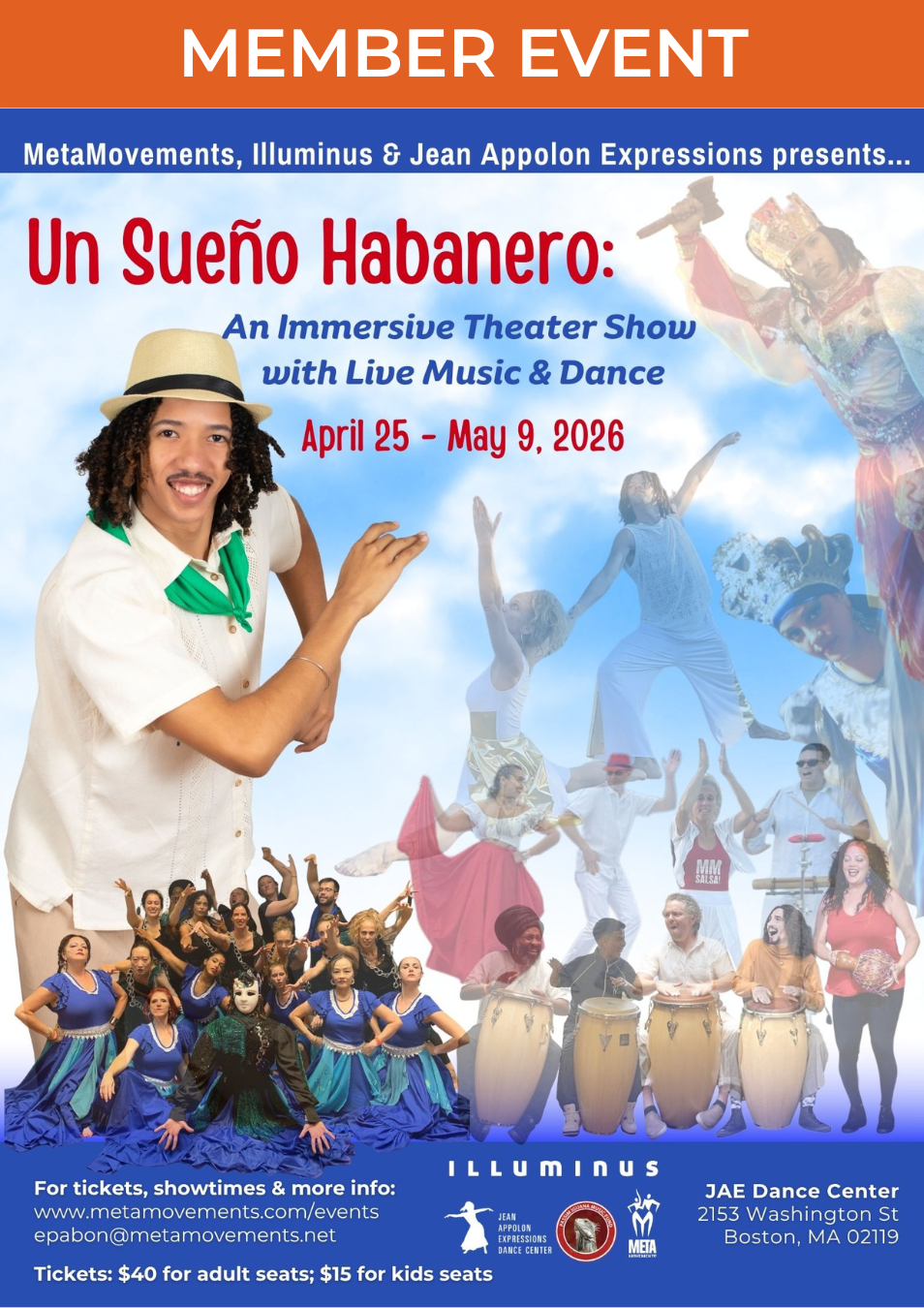 A young man, who's named Roberto in this production, is wearing a hat, a white shirt, a green handkerchief around his neck and khaki pants while smiling and posing in a rumba dancing position. In the image are also transparent images of his students dancing and playing instruments (or performing).