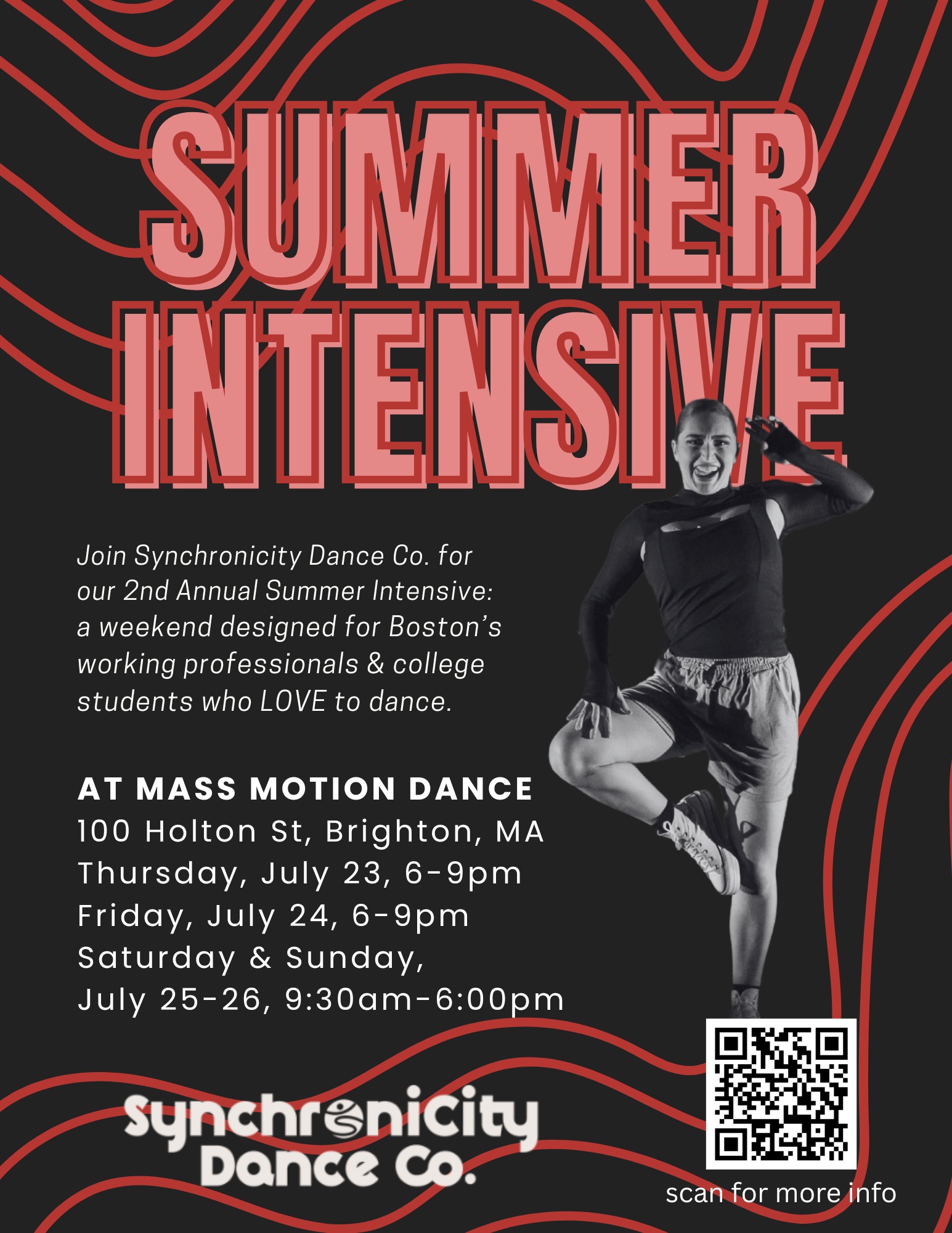 Image of hip hop dancer smiling alongside date, time and location of the intensive