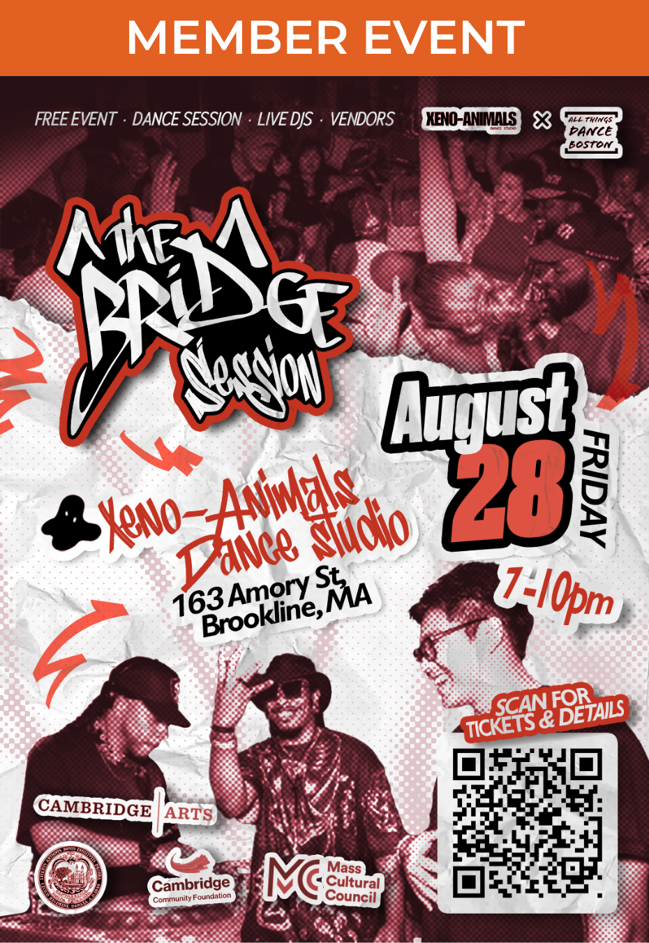 Promotional flyer for "The Bridge Session," a free dance session at Xeno-Animals Dance Studio in Brookline, MA, on Friday, August 28, from 7–10 PM. The flyer features photos of dancers in a cypher, bold red and black graphics, event details, sponsor logos, and a QR code for tickets and more information.
