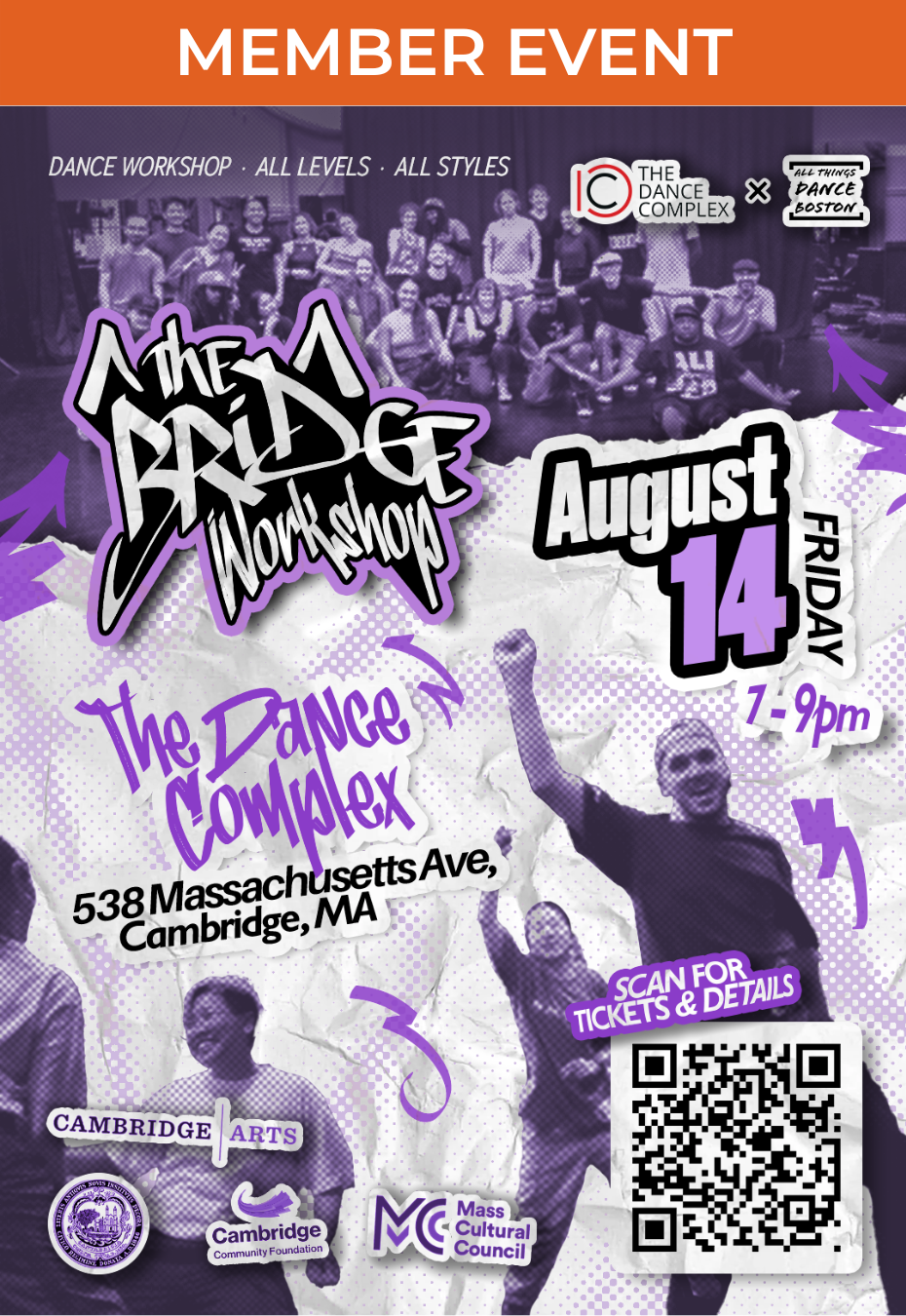 Promotional flyer for "The Bridge Workshop," an all-levels, all-styles dance workshop at The Dance Complex in Cambridge, MA, on Friday, August 14, from 6–8 PM. The flyer features photos of dancers, event details, sponsor logos, and a QR code for tickets and more information.