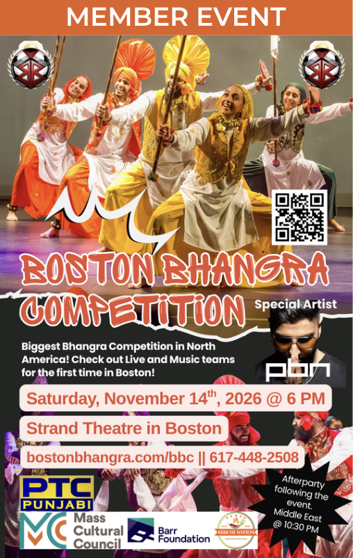Poster for event featuring a photo of dancers on stage in a squatting position holding long skinny props and gazing outward. Logos for PTC Punjabi, MCC, the Barr Foundation, and Mirchi Nation are included as well as a QR code and text about the event.