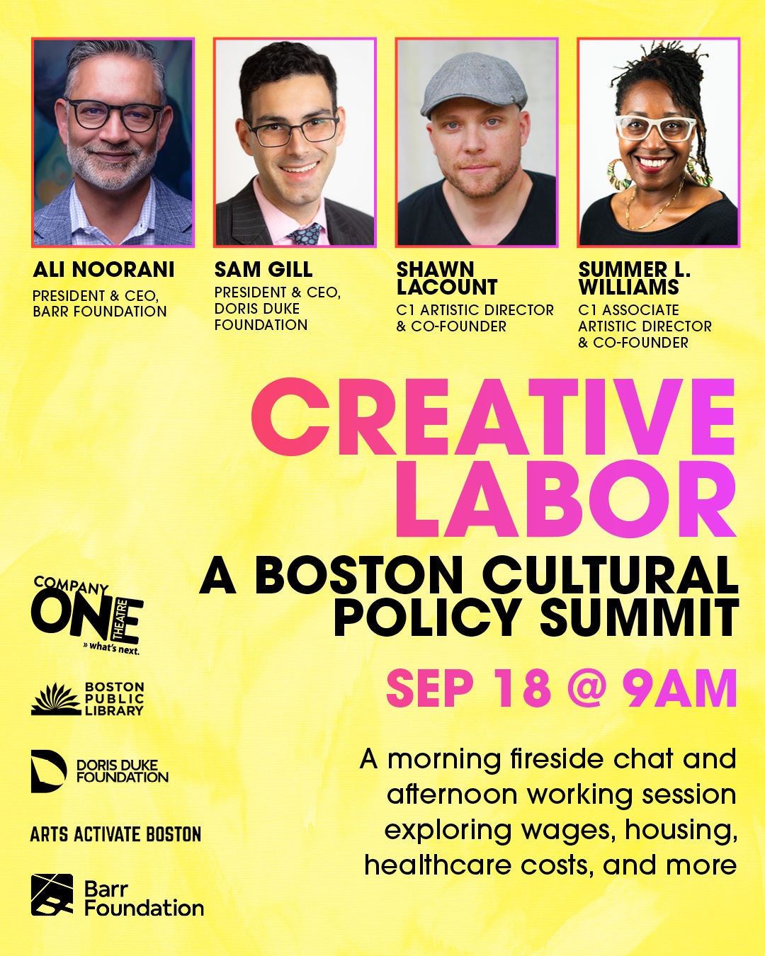 Flyer for the event featuring headshots of each of the four speakers, text about the event, and logos for Company One, the Boston Public Library, the Doris Duke Foundation, Arts Activate Boston, and the Barr Foundation.