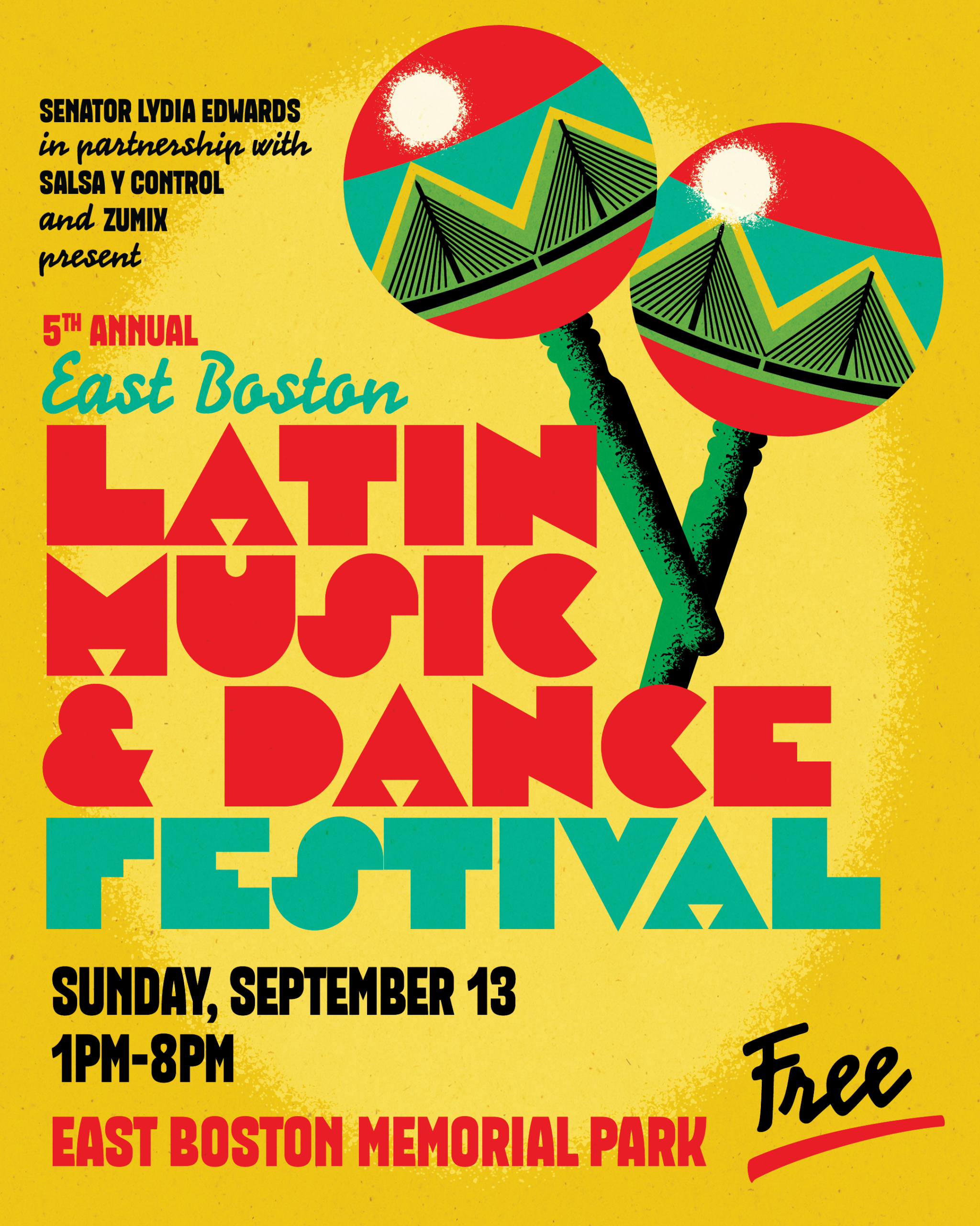 Graphic for event featuring a drawing of two maracas with the Boston Zakim bridge inside them. Text includes information about the event