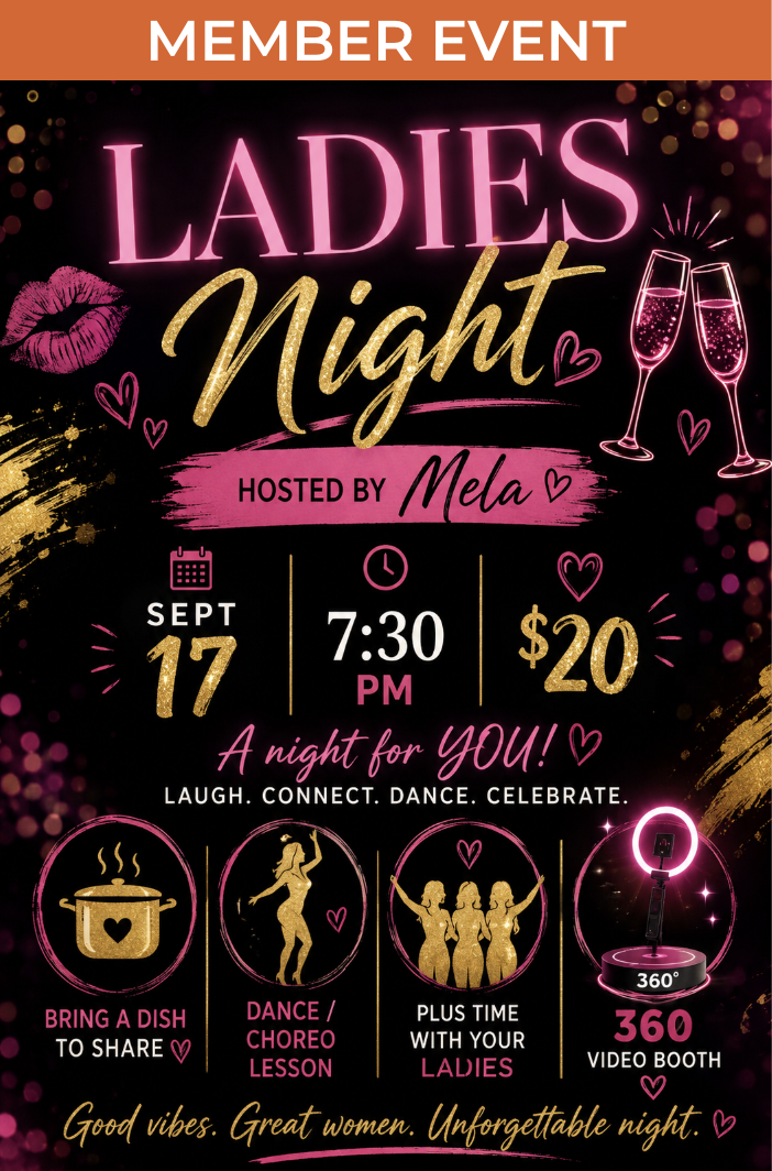 Flyer features a glamorous black, hot pink, and gold design with hearts, champagne glasses, sparkles, and dancing silhouettes.
