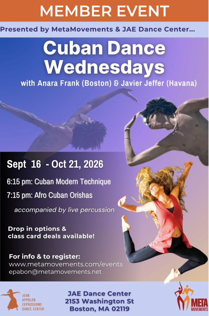 Event flyer for Cuban Dance Wednesdays with photos of Anara Frank and Javier Jeffer dancing and live percussion