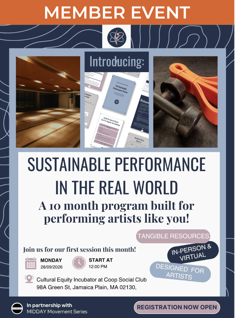 Flyer for event including text about the event and three images: an empty dance studio, an ariel view image of handouts on a table, and two dumbbells with a stretching band