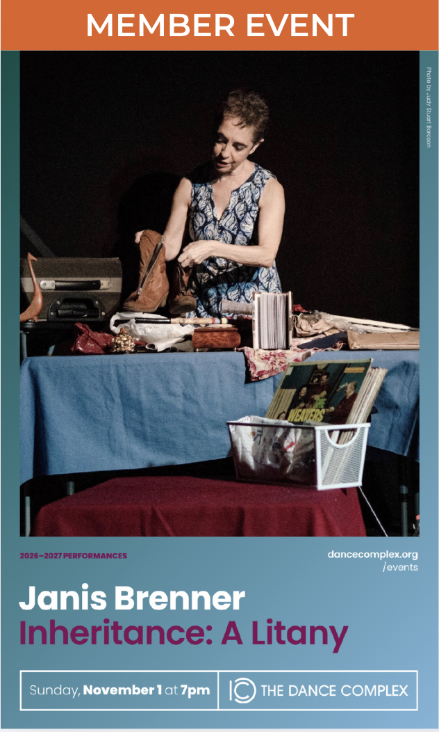 Flyer for the event featuring an image of a person standing behind a table filled with various household items. The person is holding a pair of brown boots and looking at them. Text about the event and logo for The Dance Complex are included.