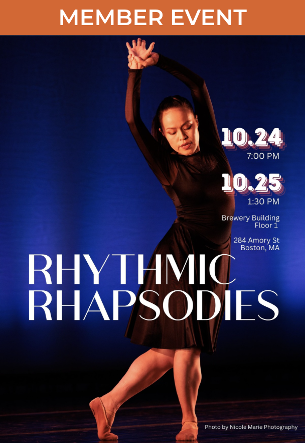 Flyer for event including image of dancer on stage in a black longsleeve dress. Dancer is posed with legs crossed, one behind the other, torso leaning sideways, head pointing down, and arms raised overhead with hands clasped together.